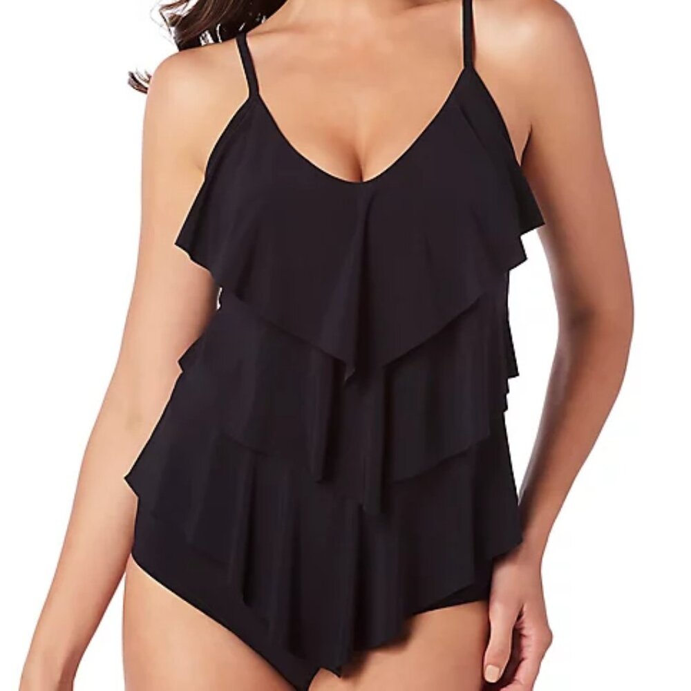 Magicsuit Solid Rita Wireless Tiered Ruffle Tankini Top Black 16